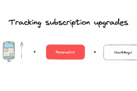 tracking subscription upgrades header and images of a mobile app and RevenueCat logo and ChartMogul logo